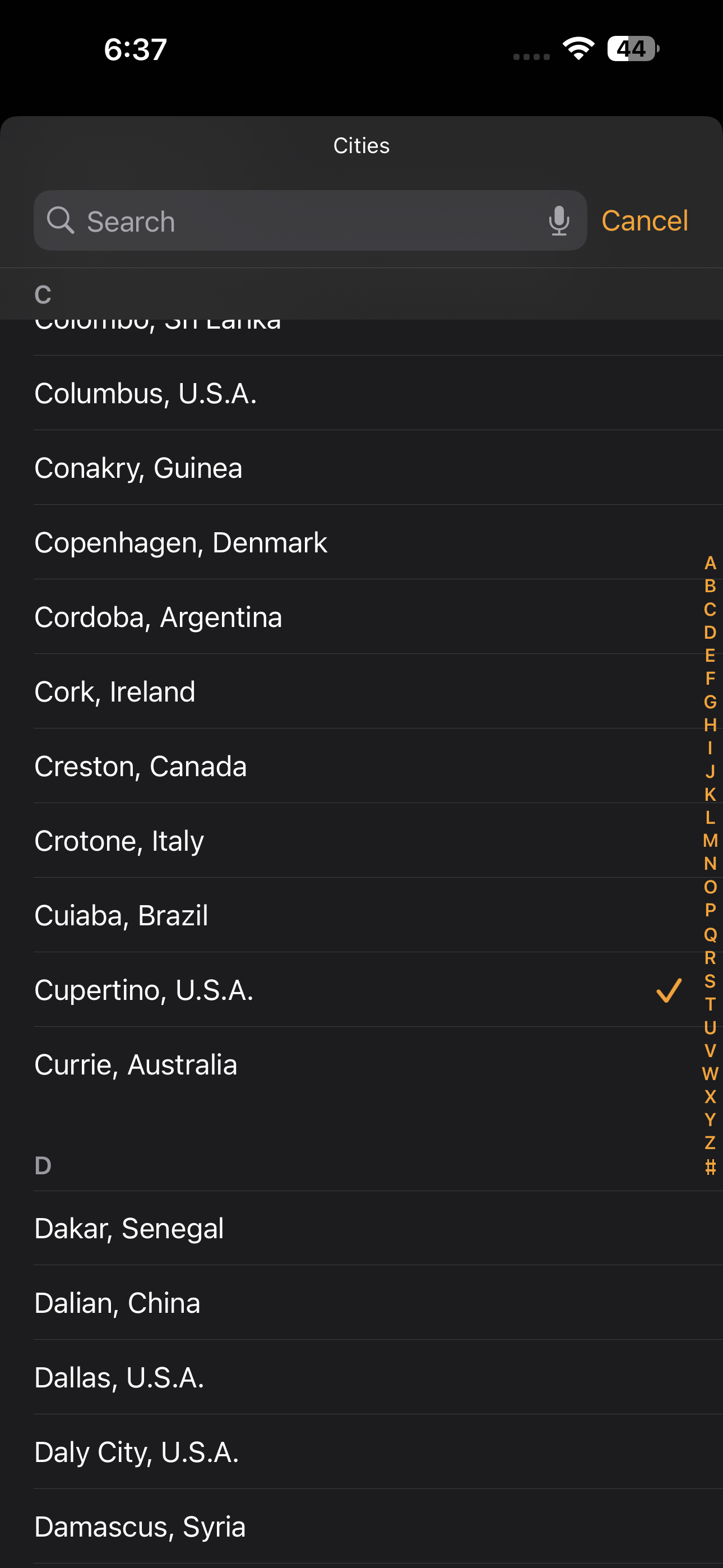 different cities listed in the world clock widget