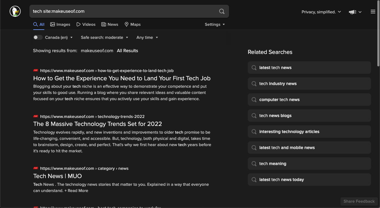 Скриншот страницы результатов поиска, демонстрирующий оператор поиска для поиска внутри сайта