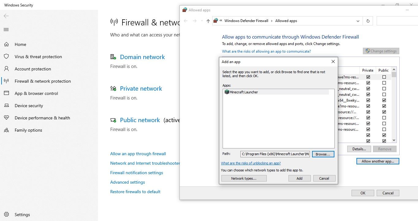 Добавление приложения Minecraft в список разрешённых Windows Defender Firewall