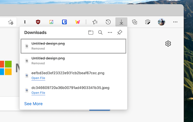 Downloads drop-down in Microsoft Edge.