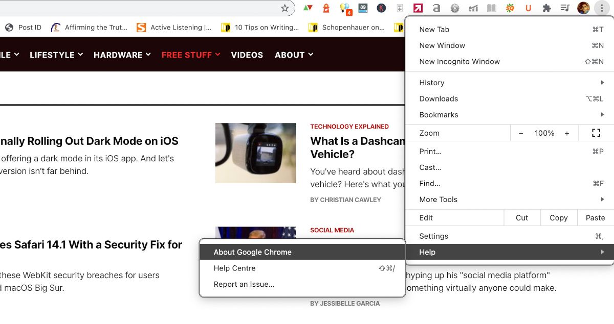 Меню помощи Chrome с пунктом «О Google Chrome»