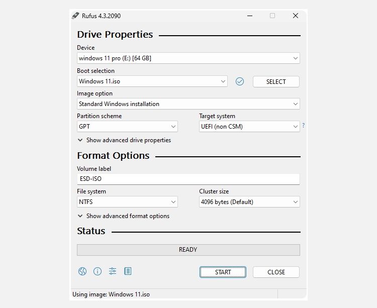Интерфейс Rufus для записи ISO на USB