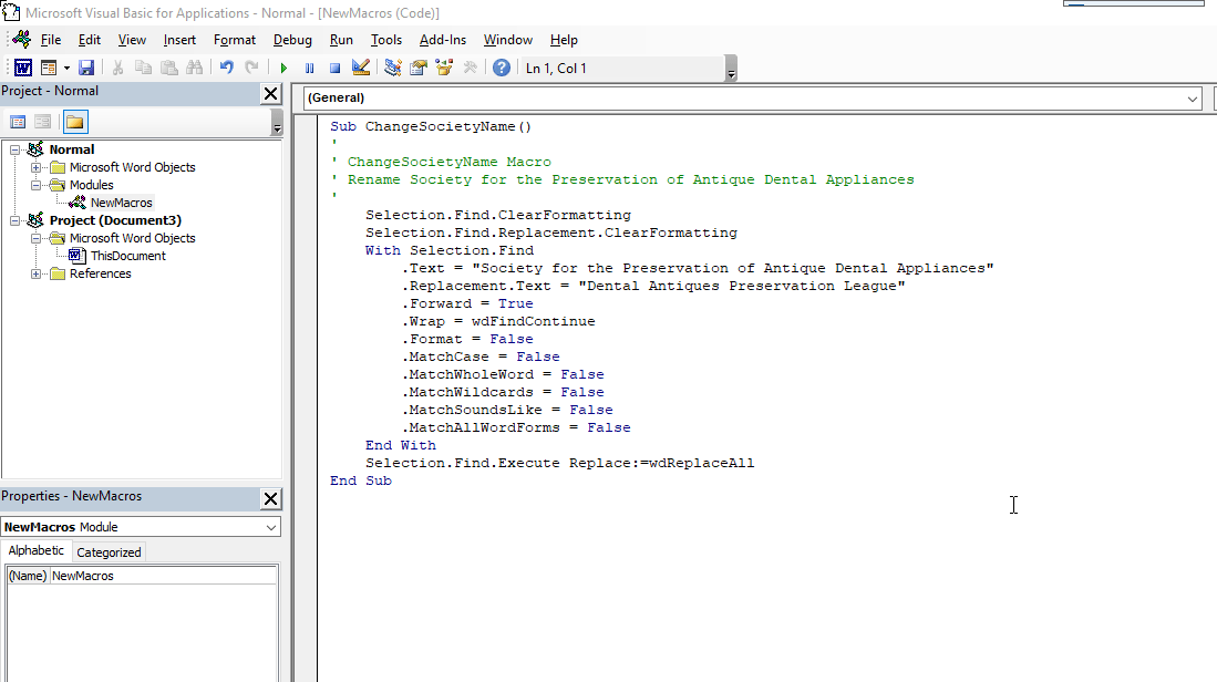 Редактор Visual Basic с первым макросом