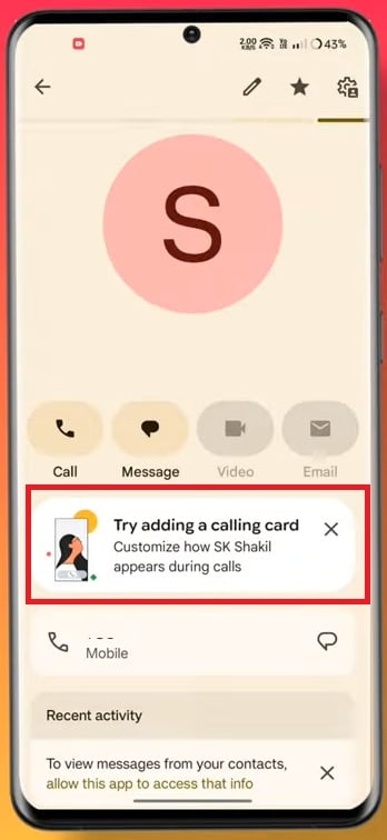 banner sugerindo adicionar calling card a um contato