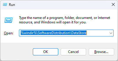 Команда запуска папки DataStore в окне Выполнить