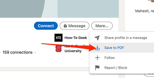 Нажмите «Сохранить в PDF» на странице профиля другого пользователя LinkedIn