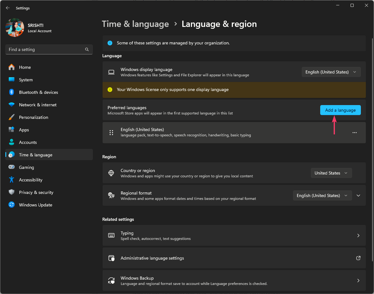 Диалог добавления языка в Windows