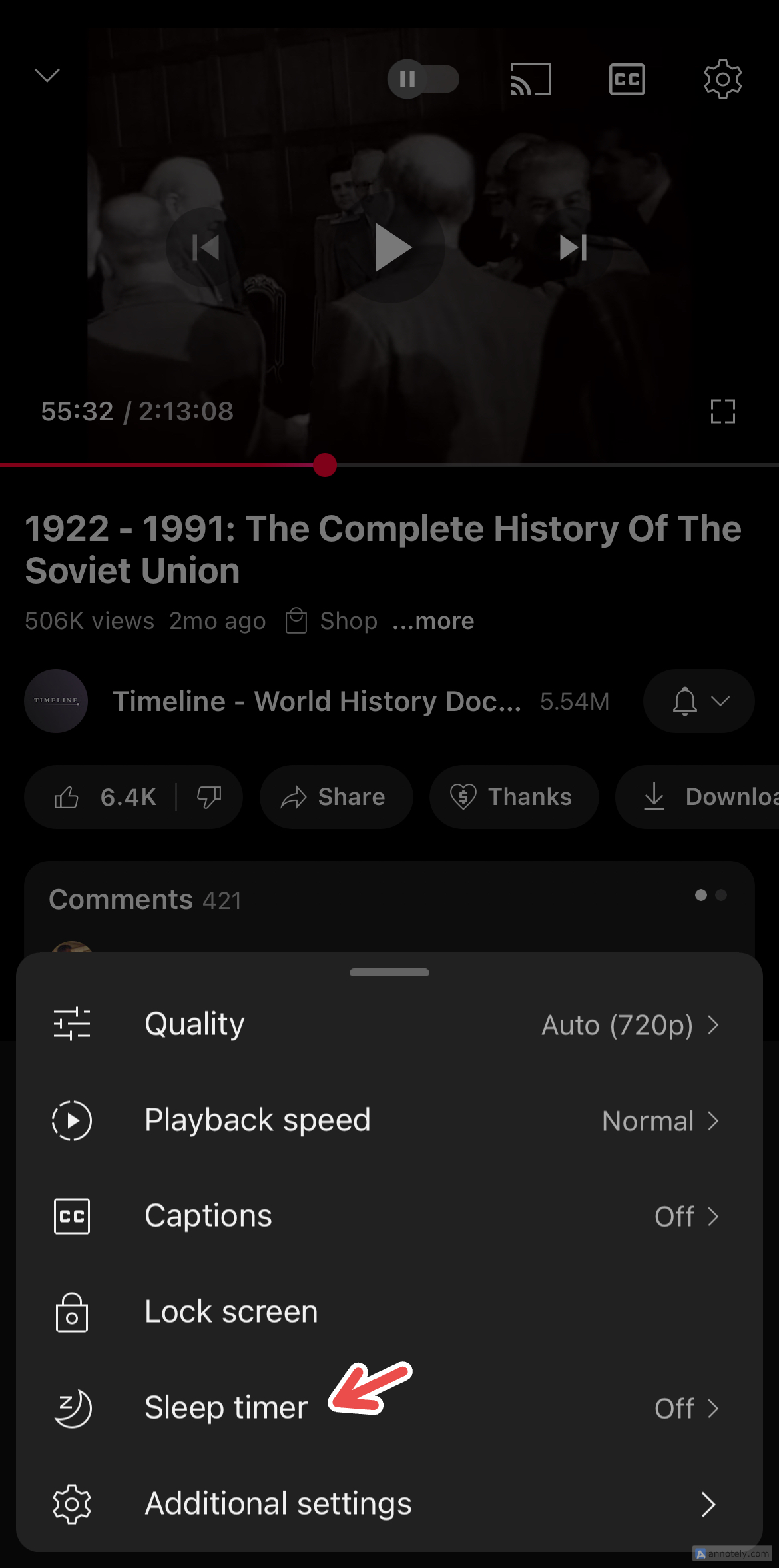 Доступ к таймеру сна в YouTube.