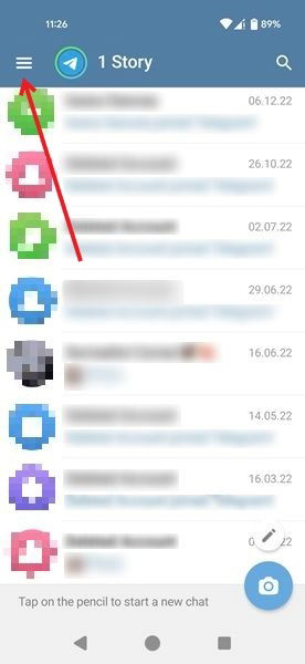 Нажатие гамбургер-меню в Telegram для Android.