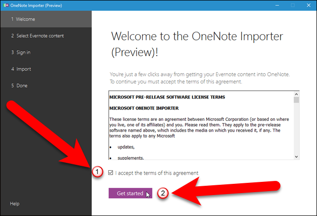 Экран приветствия OneNote Importer — отметьте согласие и начните