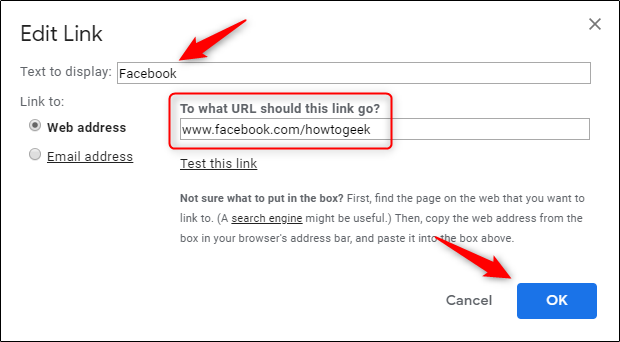 Окно вставки ссылки в подпись Gmail
