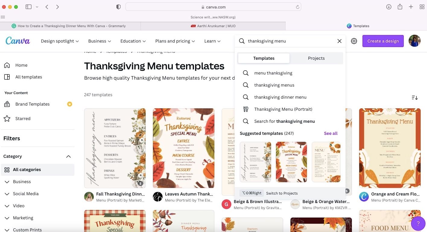 Пример шаблона меню для Дня благодарности в Canva
