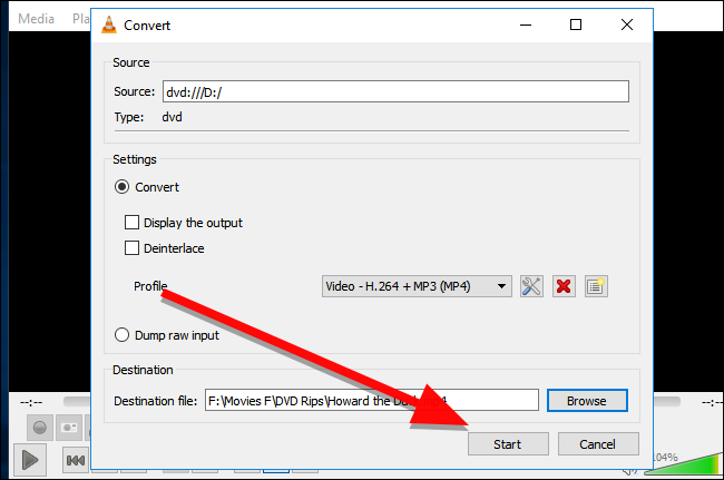 Запуск процесса конвертации — кнопка Старт в VLC