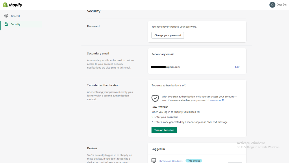 Shopify 2SA click Turn on two step