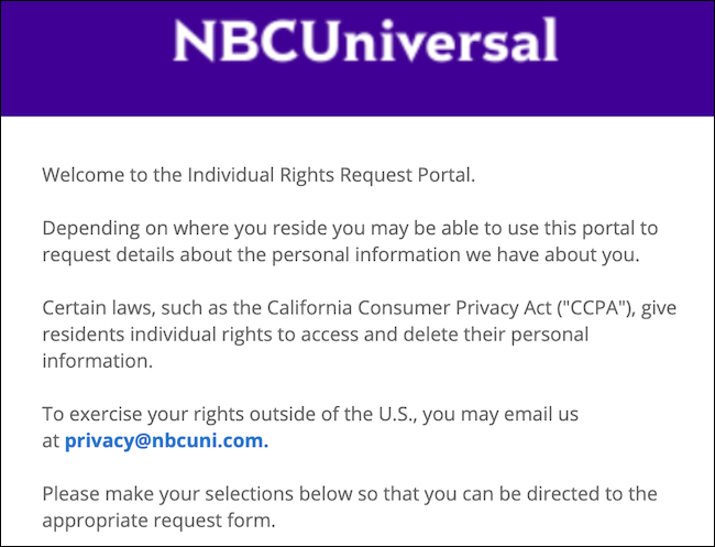 Портал запросов прав NBCUniversal