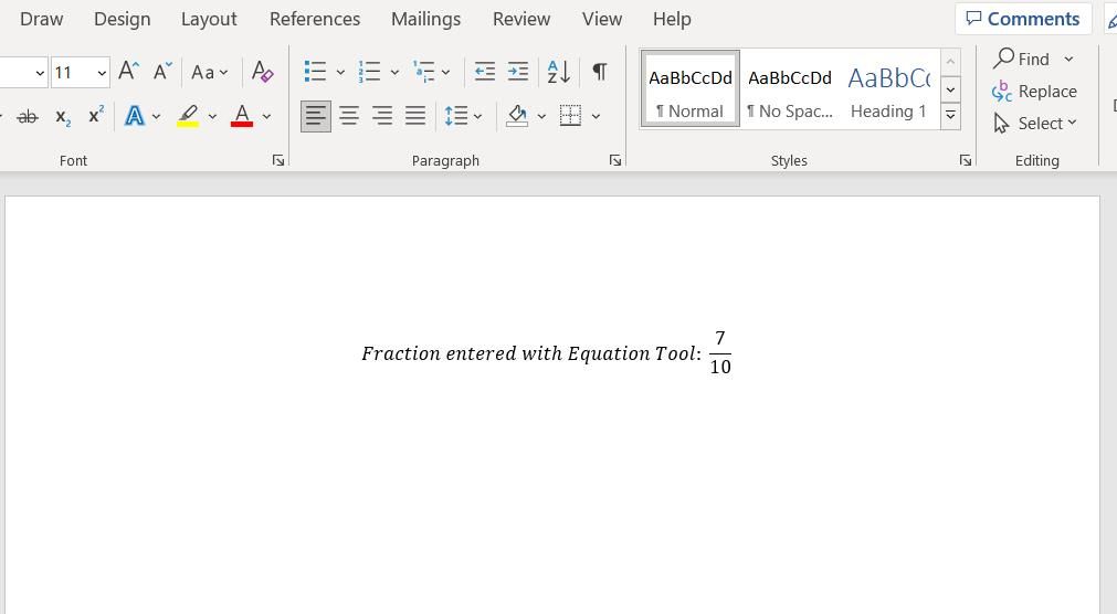 A fraction entered with Word's Equation tool 