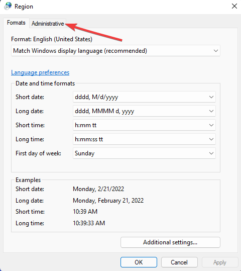 Вкладка Административные параметры региона