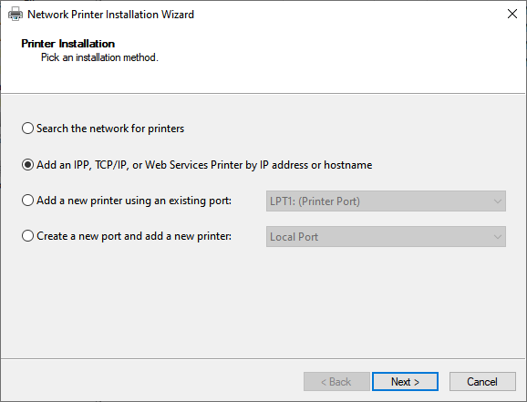 Мастер выбора режима добавления принтера