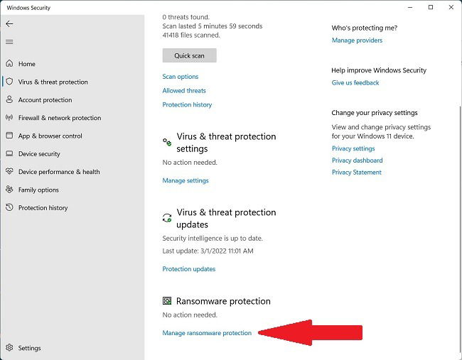 Voce Gestisci protezione ransomware in Windows Security