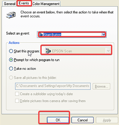 Настройка события «Сканировать» в свойствах устройства Epson