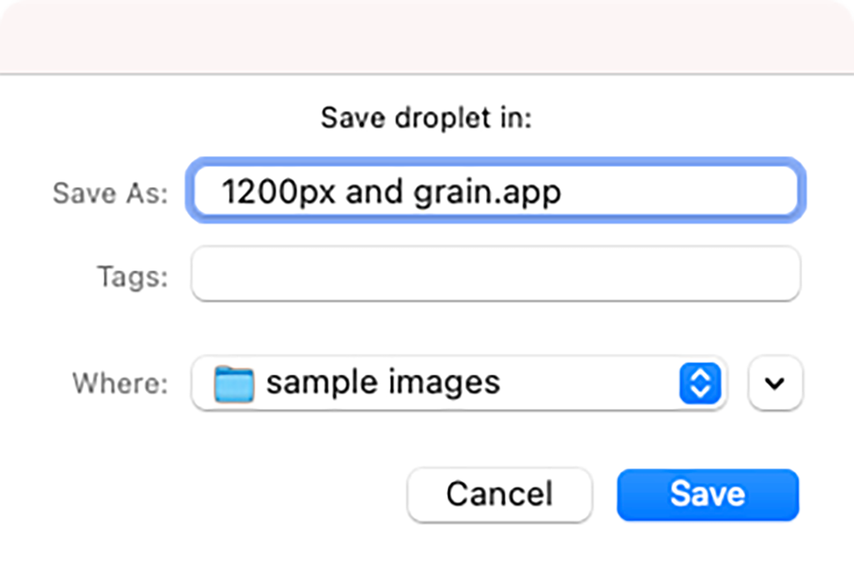 Выбор места сохранения droplet в Photoshop