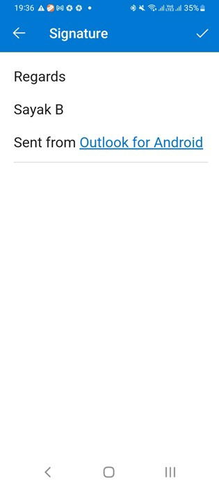Опция подписи в Outlook на Android
