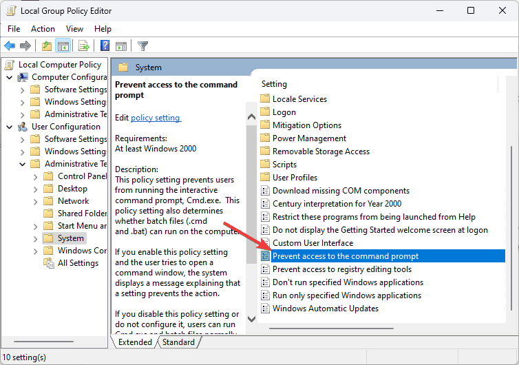 Опция в редакторе групповых политик Prevent access to the command prompt