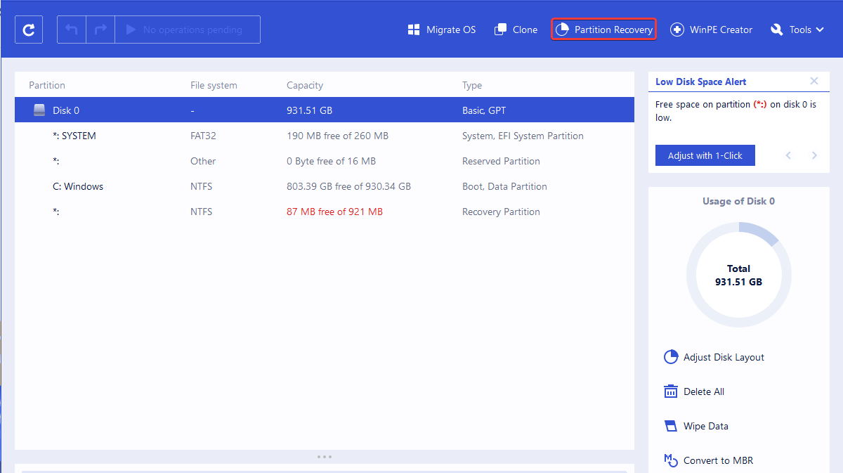 Окно Partition Recovery в EaseUs Partition Master