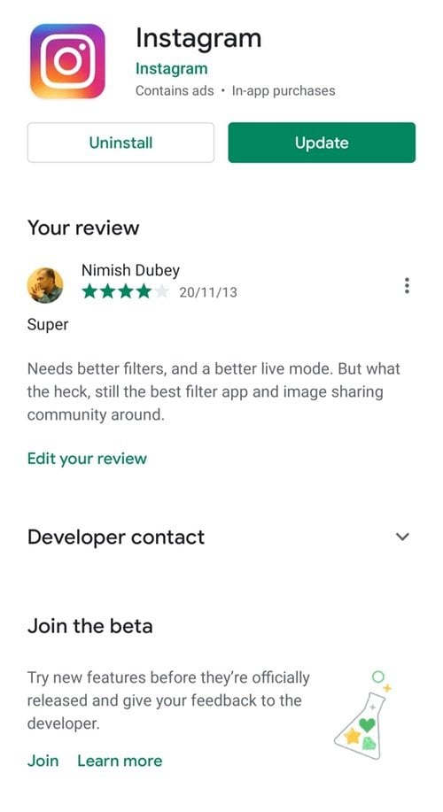 Обновление приложения Instagram в магазине приложений