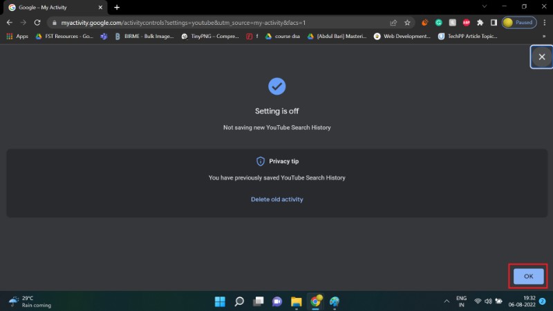 Confirmation OK après la mise en pause sur le web