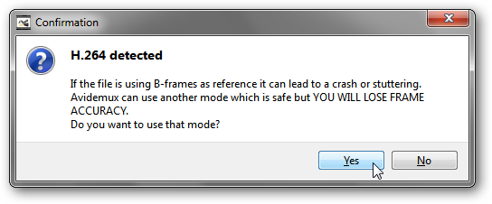Предупреждение Avidemux: безопасный режим