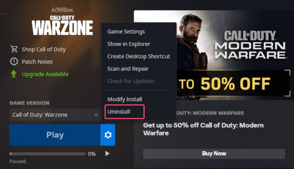The Uninstall option