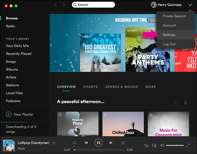Настройки Spotify на рабочем столе: меню пользователя