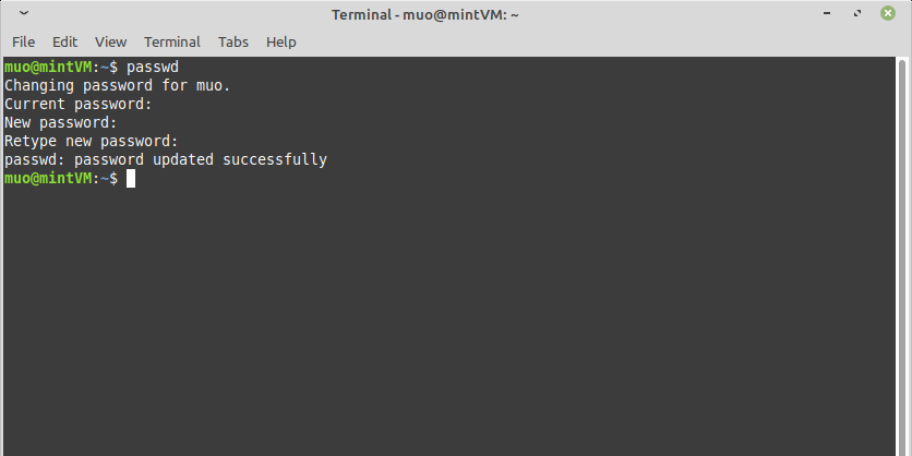 Окно терминала с приглашением ввести текущий и новый пароль