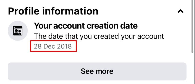 Дата создания аккаунта Facebook в разделе «Информация профиля».