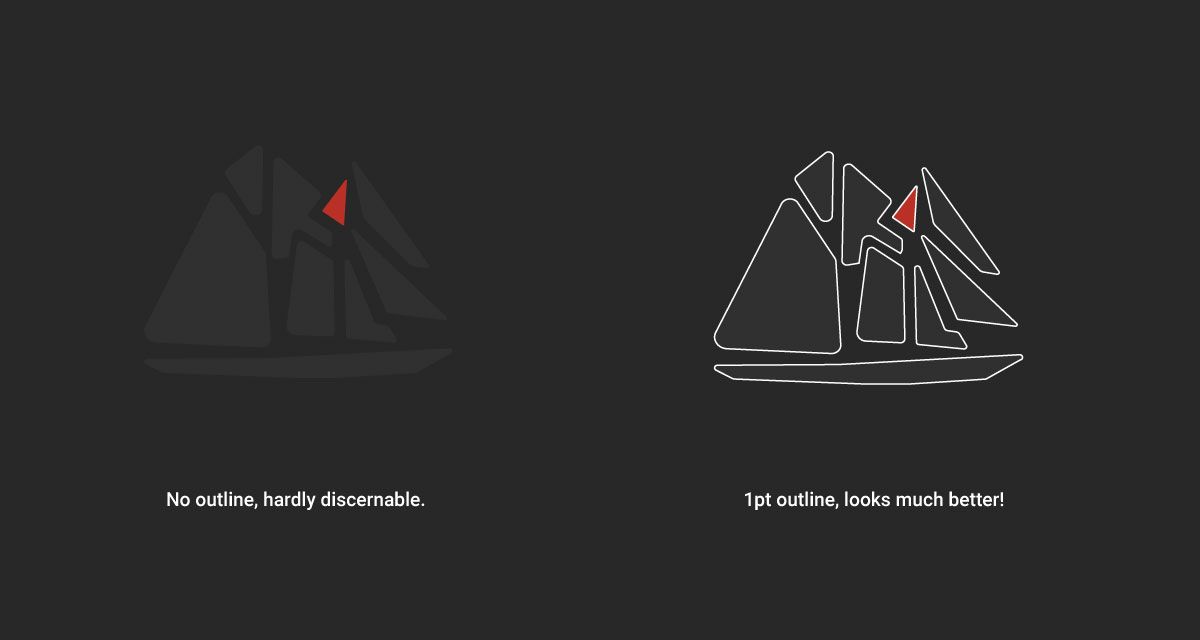 Сравнение двух тёмных логотипов в тёмном режиме, один без обводки, второй с белой обводкой 1pt