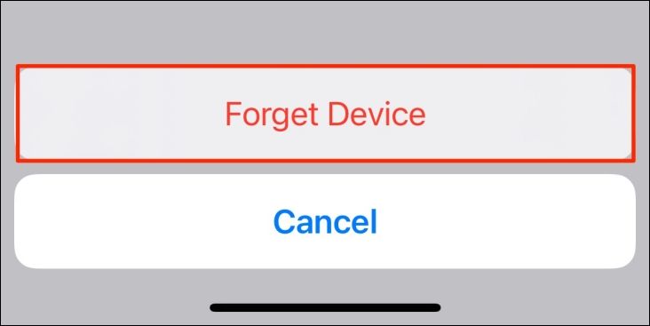 Кнопка подтверждения Забыть устройство в iPhone.