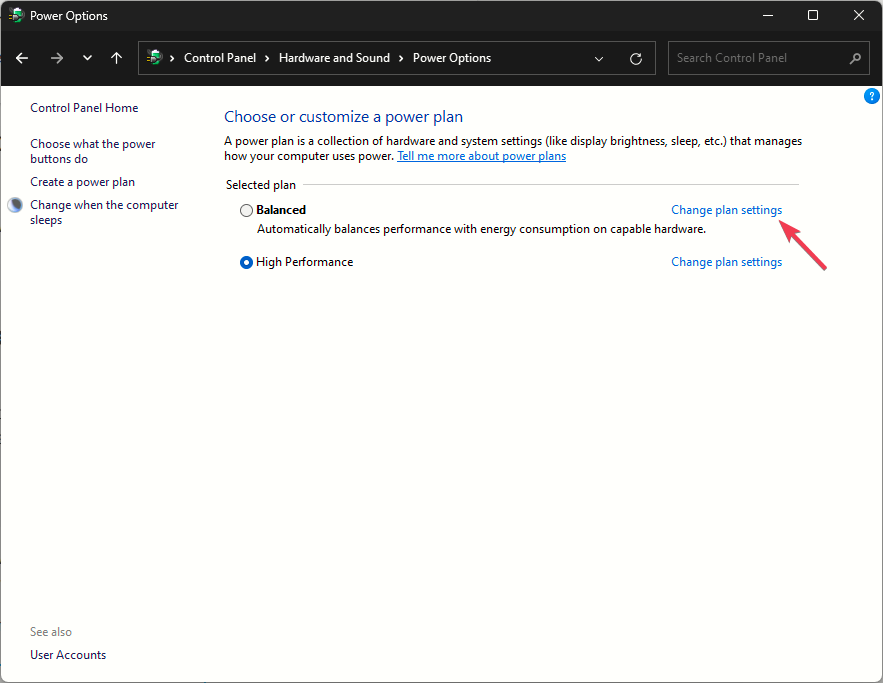 Изменить дополнительные параметры питания