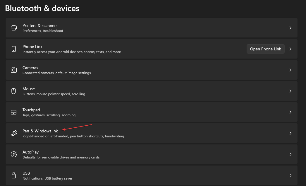 Раздел Ручка и Windows Ink в Параметрах Windows 11