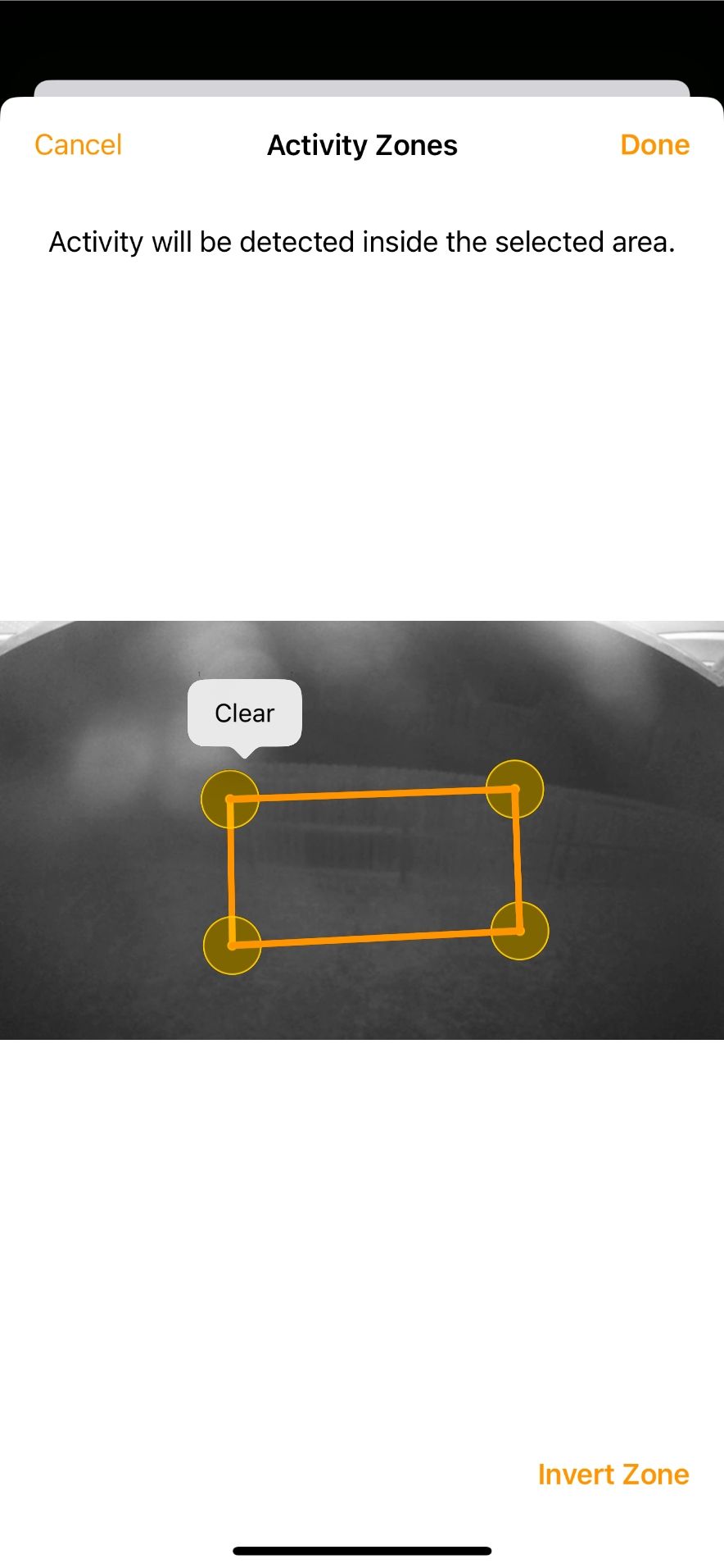 Кнопка «Очистить» в настройках зоны активности камеры HomeKit