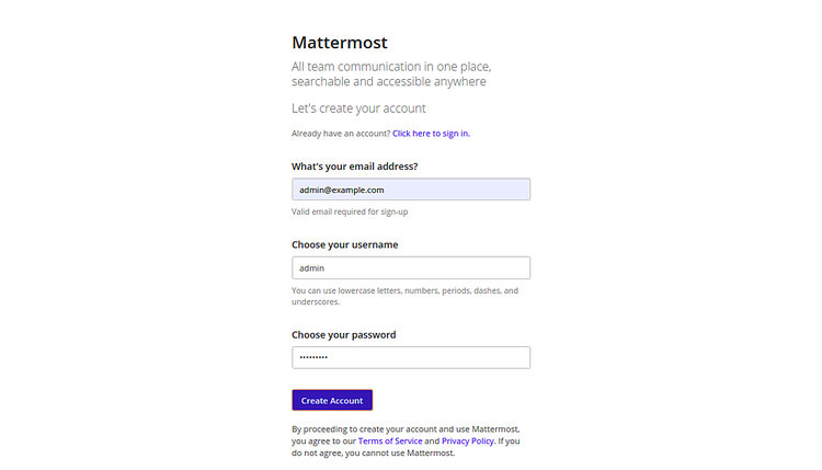 Установщик Mattermost — создание администратора