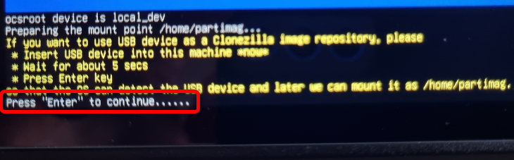 Нажмите Enter, когда Clonezilla попросит примонтировать внешний диск