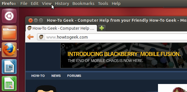 Пример глобального меню приложения в верхней панели когда окно не свернуто