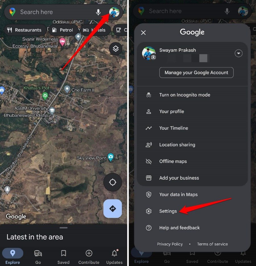 Меню настроек Google Maps — фото аккаунта и пункт Настройки