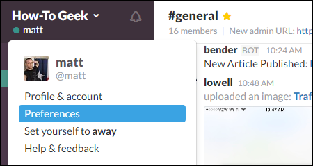 Меню команды в веб-версии Slack