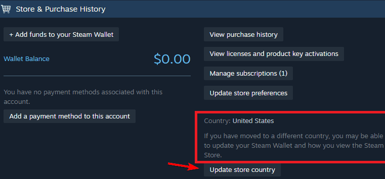 Скриншот обновления страны магазина в Steam