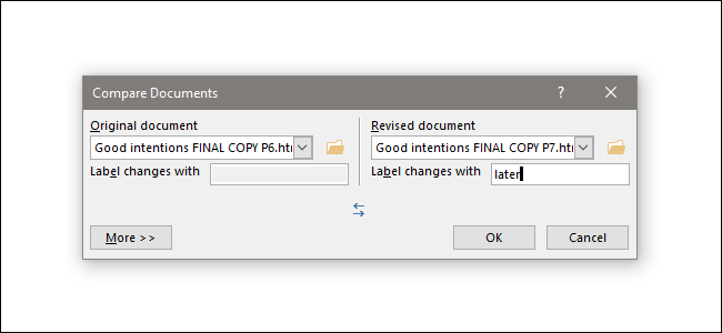 Окно выбора оригинала и изменённой версии документа