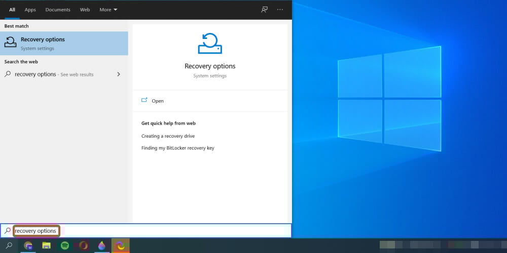Окно параметров восстановления Windows