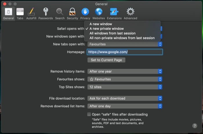 Окно настроек Safari для открытия приватного окна по умолчанию