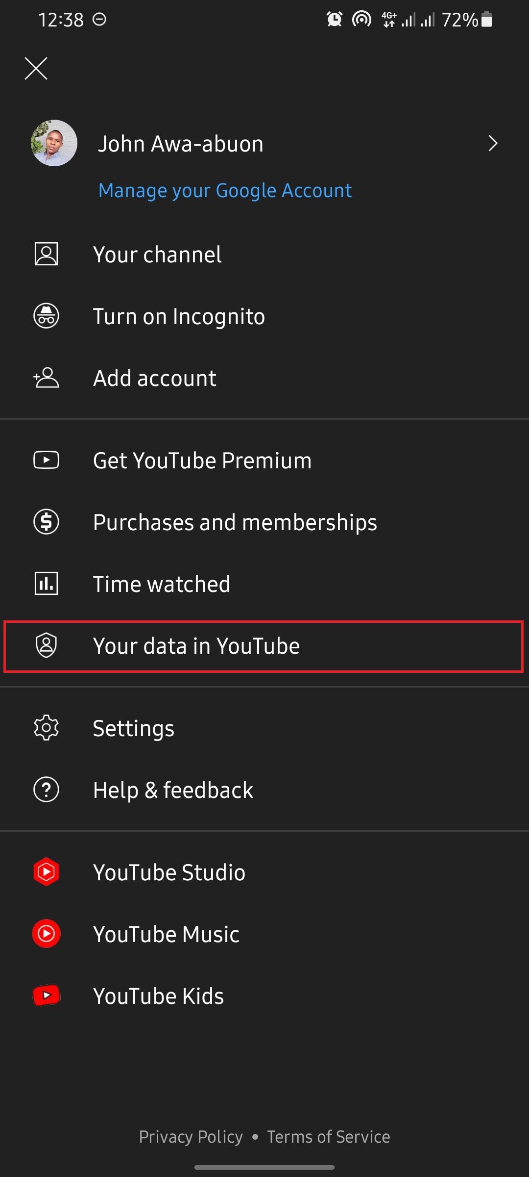 Скриншот меню профиля YouTube на мобильном